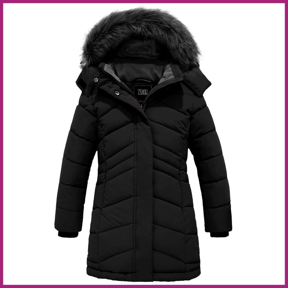 Girls' Insulated Quilted Puffer Jacket Hooded Parka Winter Coat